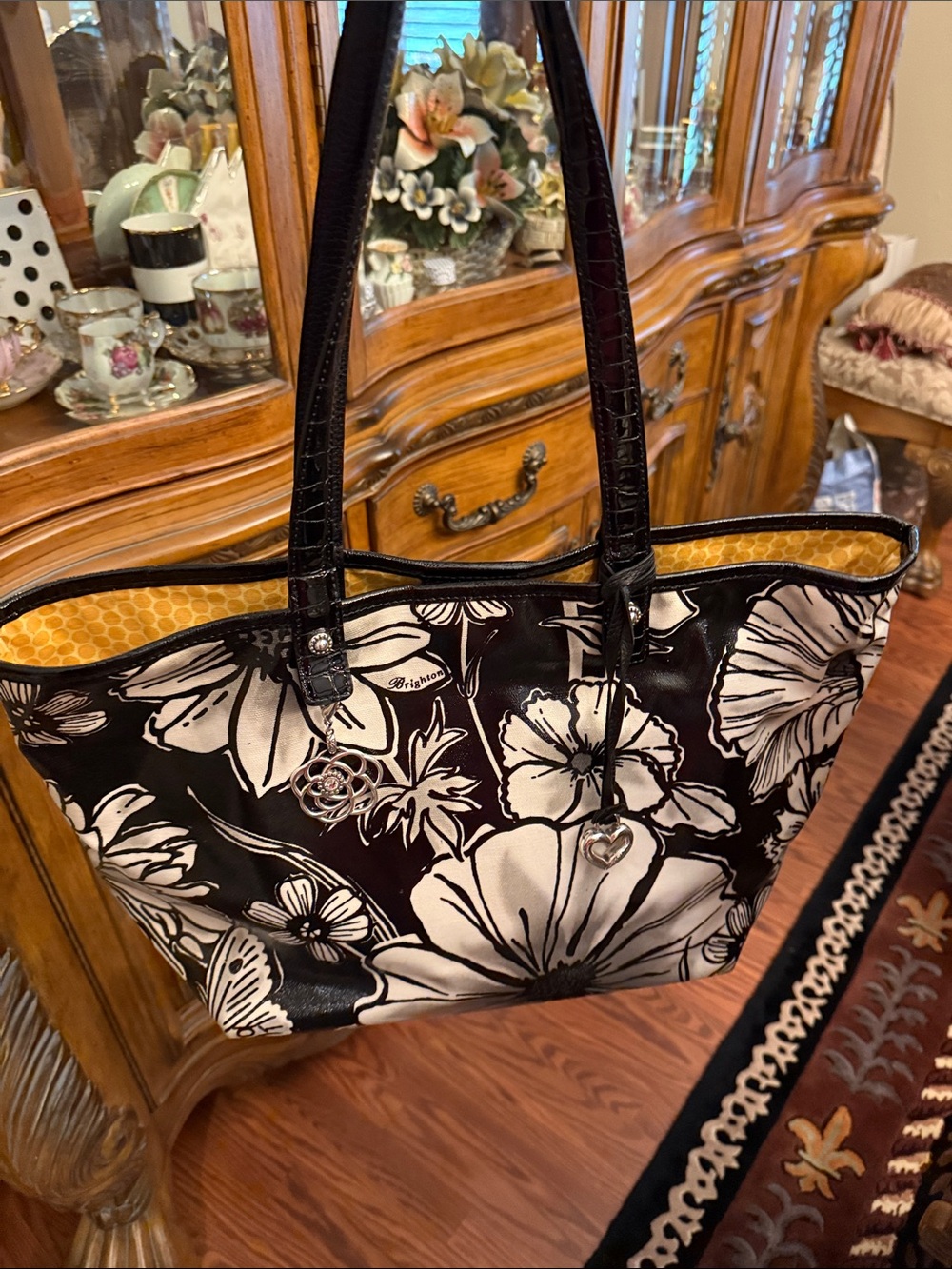 Brighton Black and White Floral Tote with Yellow Interior